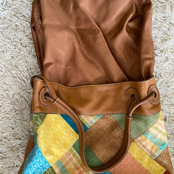 FOSSIL Large Leather Tote Vtg Patchwork Suede Canvas Boho Hobo Hippie - Picture 14 of 15